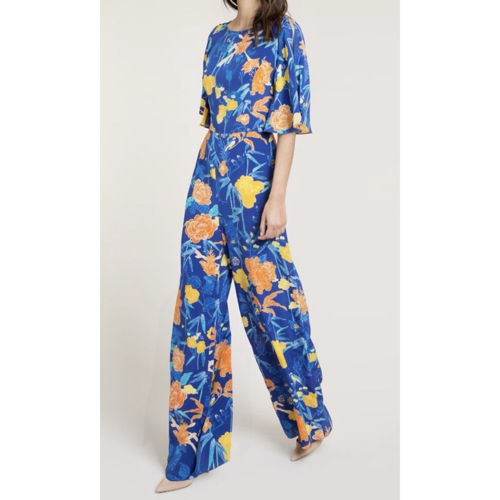 Beulah London 14 Jumpsuit Silk Blue Floral Hawaiian Island Vacation Tropical